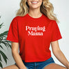 Model wearing a red Praying Mama Crop Tee, showcasing faith and style with a trendy cropped fit.