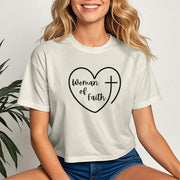 Woman Of Faith Heart Cross Crop Tee featuring a heart and cross design, perfect for expressing belief and style.