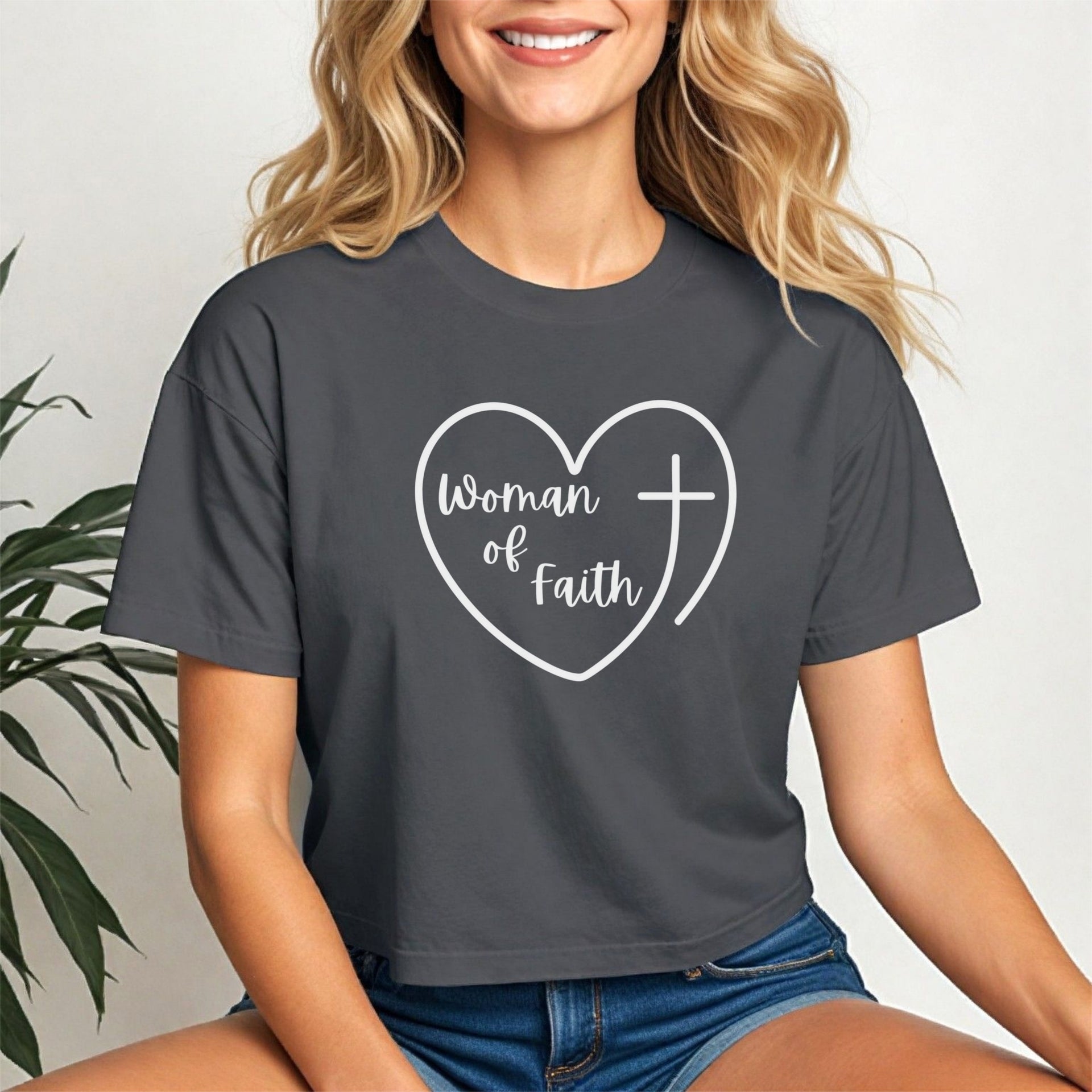 Woman Of Faith Heart Cross Crop Tee featuring heart and cross design, perfect for expressing faith and style.