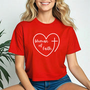 Woman Of Faith Heart Cross Crop Tee in red with heart and cross design, showcasing style and faith.