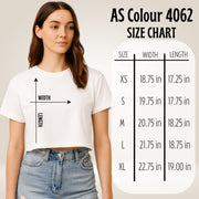 Woman Of Faith Heart Cross Crop Tee size chart with measurements for XS, S, M, L, and XL.