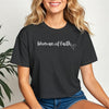 Woman Of Faith Crop Tee featuring script design on a black cropped t-shirt worn by a smiling woman.