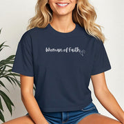 Woman Of Faith Crop Tee displayed on a model, showcasing a stylish and minimalist design.