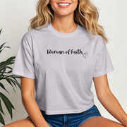 Woman Of Faith Crop Tee featuring a stylish graphic design suitable for casual wear.