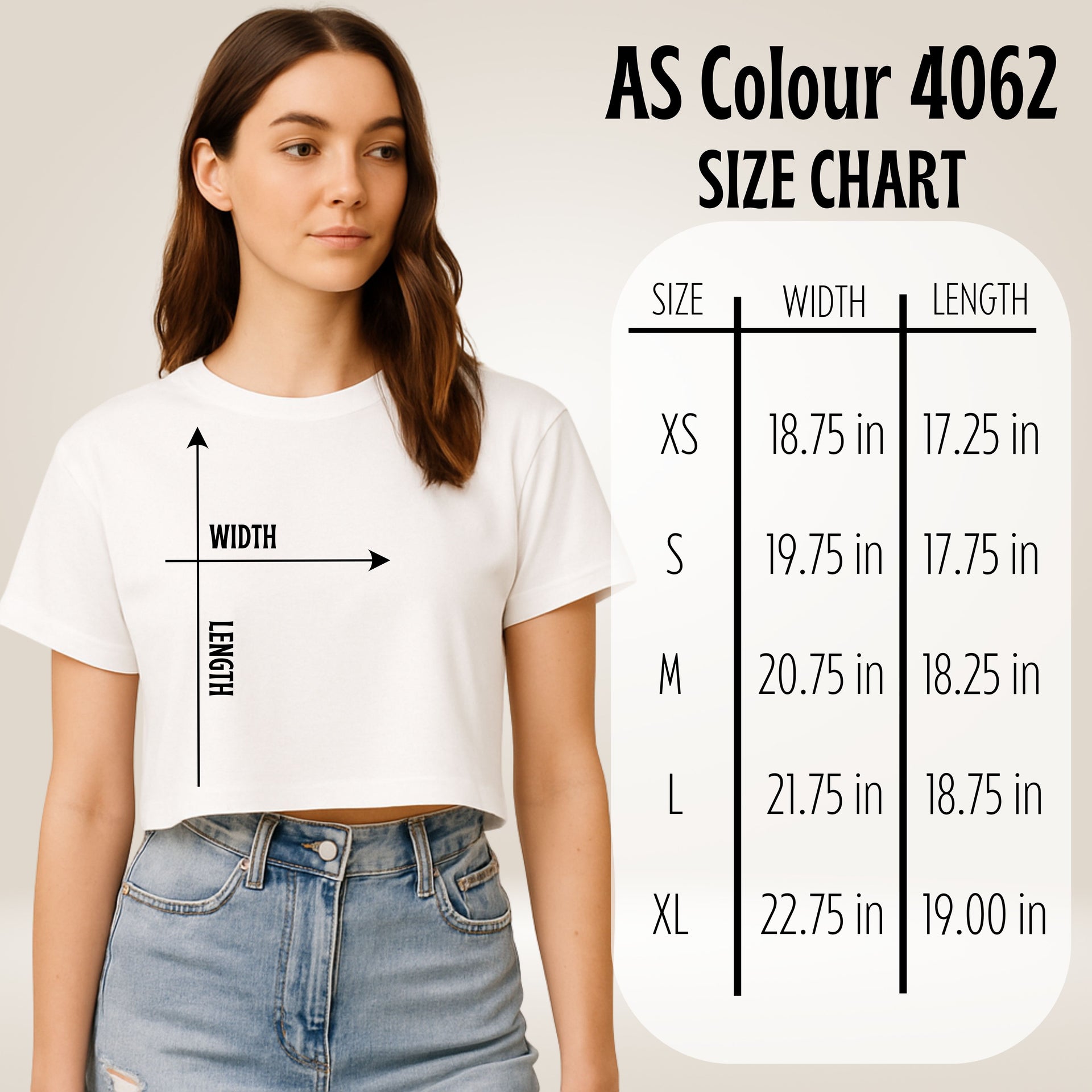 Size chart for Woman Of Faith Crop Tee with measurements for XS, S, M, L, and XL.