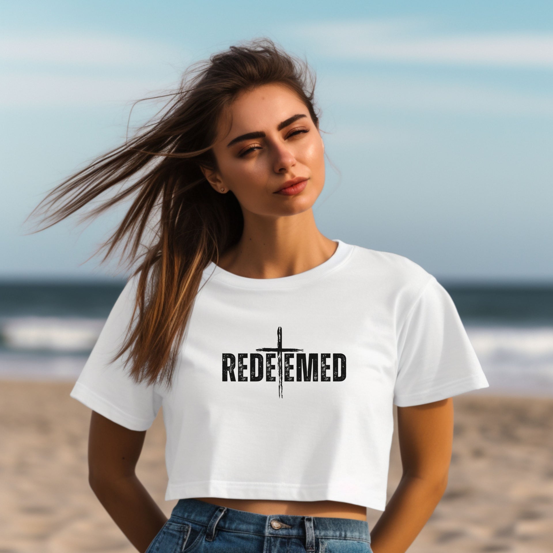 Woman at the beach wearing Redeemed Cross Graphic Crop Tee with cross design.