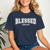 Blessed John 20 29 Crop Tee worn by a smiling woman, featuring bold 'BLESSED' text on a navy background.