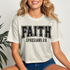 Faith Ephesians 2 8 Crop Tee worn by a smiling woman, emphasizing faith and style in a cropped design.