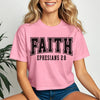 Faith Ephesians 2 8 Crop Tee featuring a pink cropped t-shirt with the text 'FAITH EPHESIANS 2:8' on the front.