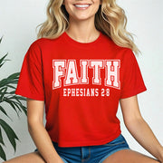 Faith Ephesians 2 8 Crop Tee worn by a smiling woman in a red cropped shirt with white lettering.
