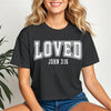 Loved John 3 16 Crop Tee displayed on a model, featuring a trendy black crop design with the text Loved John 3:16.