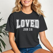 Loved John 3 16 Crop Tee displayed on a model, featuring a trendy black crop design with the text Loved John 3:16.
