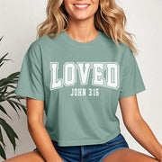 Loved John 3 16 Crop Tee in a trendy sage color, perfect for casual wear and sharing a message of love and faith.
