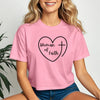 Woman Of Faith Heart Cross Crop Tee in pink with heart and cross design, perfect for expressing faith and style.
