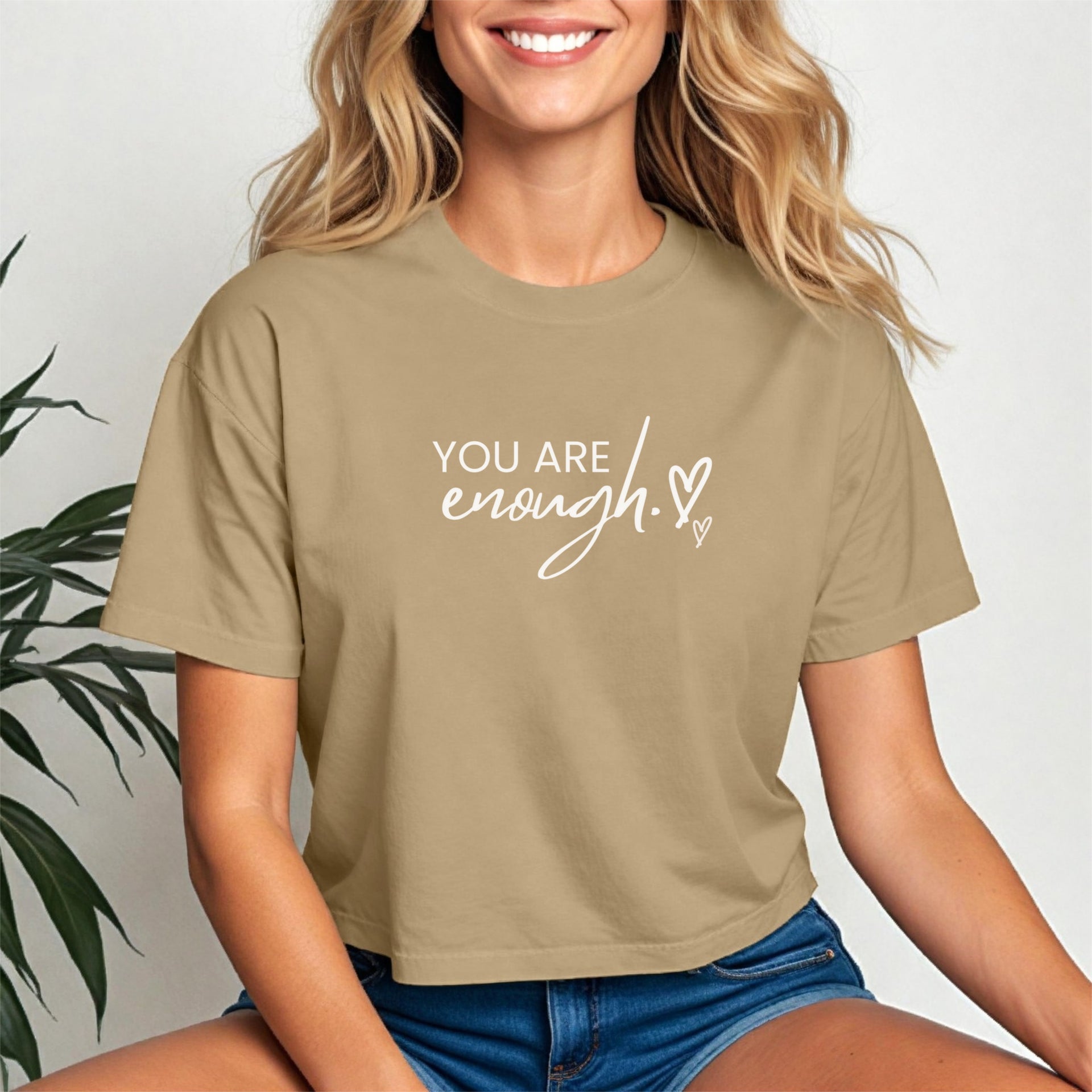 You Are Enough Script Heart Crop Tee featuring soft script design on a trendy cropped tee, perfect for confident wear.