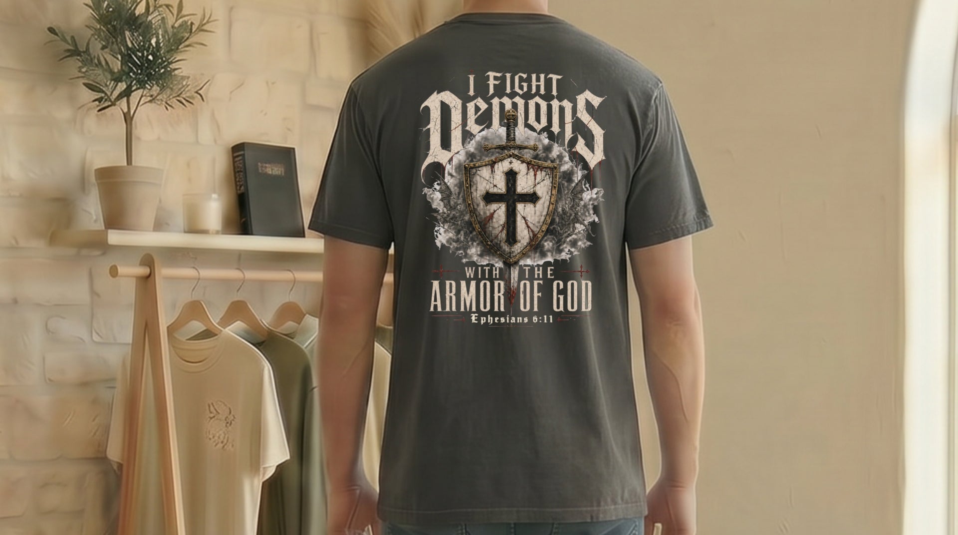 I Fight Demons Armor Of God Ephesians 6-11 Comfort Colors T Shirt displayed on a model's back in a stylish setting.