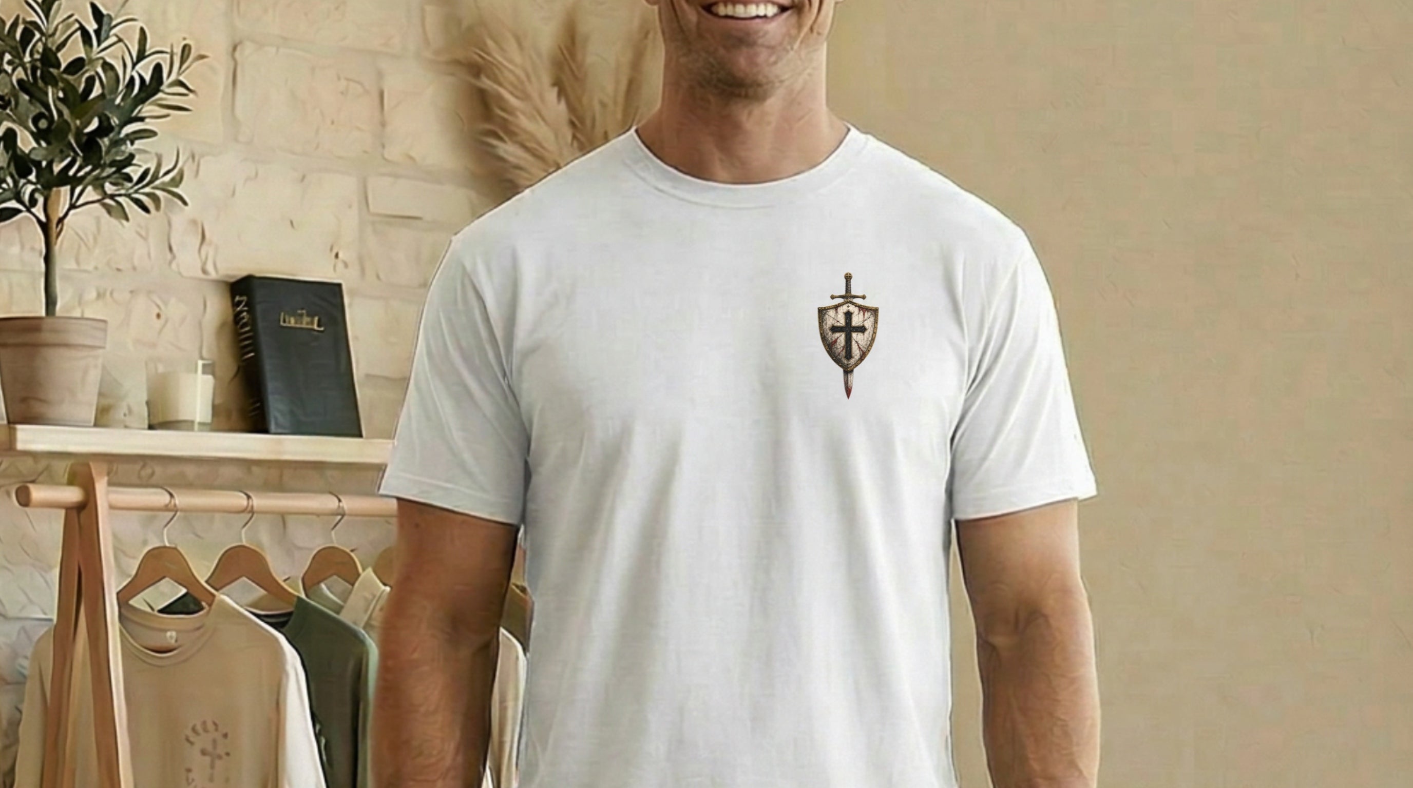 I Fight Demons Armor Of God Ephesians 6-11 Comfort Colors T Shirt model wearing a white tee with a shield logo.