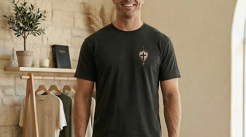 I Fight Demons Armor Of God Ephesians 6-11 Comfort Colors T Shirt worn by a smiling man in a cozy setting.
