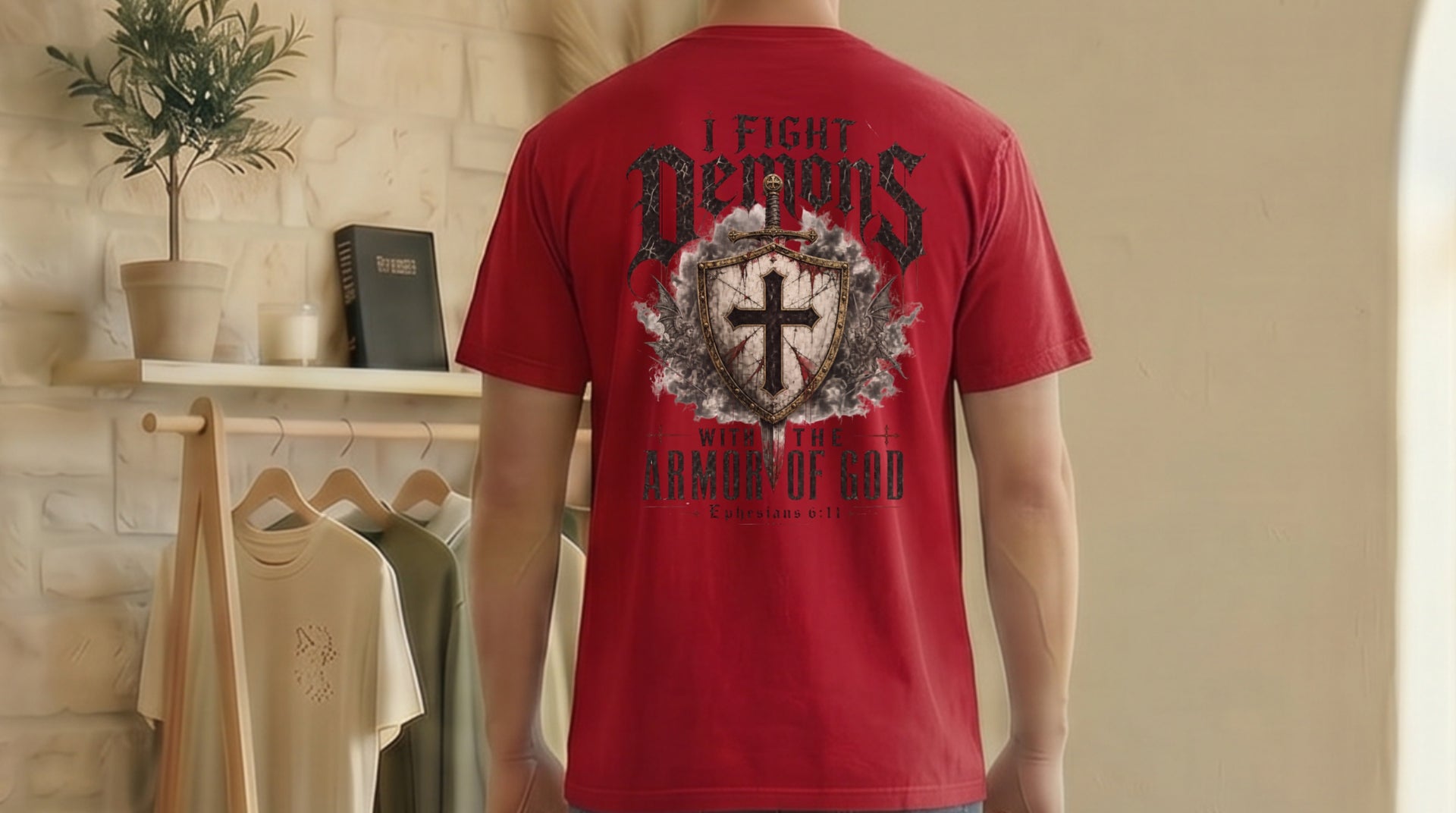 I Fight Demons Armor Of God Ephesians 6-11 Comfort Colors T Shirt displayed on a model in a casual indoor setting.