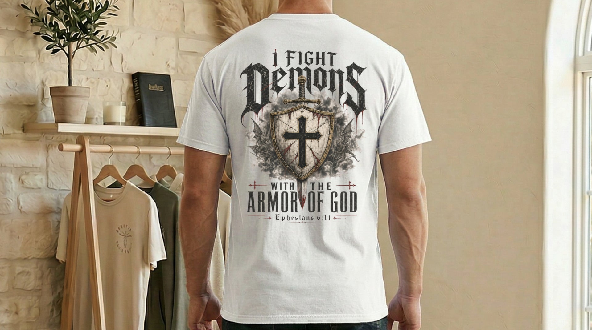 I Fight Demons Armor Of God Ephesians 6-11 Comfort Colors T Shirt with graphic design on back, showcasing Christian message.