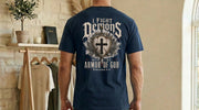 I Fight Demons Armor Of God Ephesians 6-11 Comfort Colors T Shirt displayed on a model, emphasizing its faith-driven design.