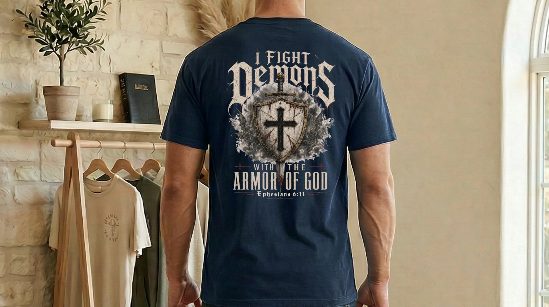 I Fight Demons Armor Of God Ephesians 6-11 Comfort Colors T Shirt displayed on a model, emphasizing its faith-driven design.