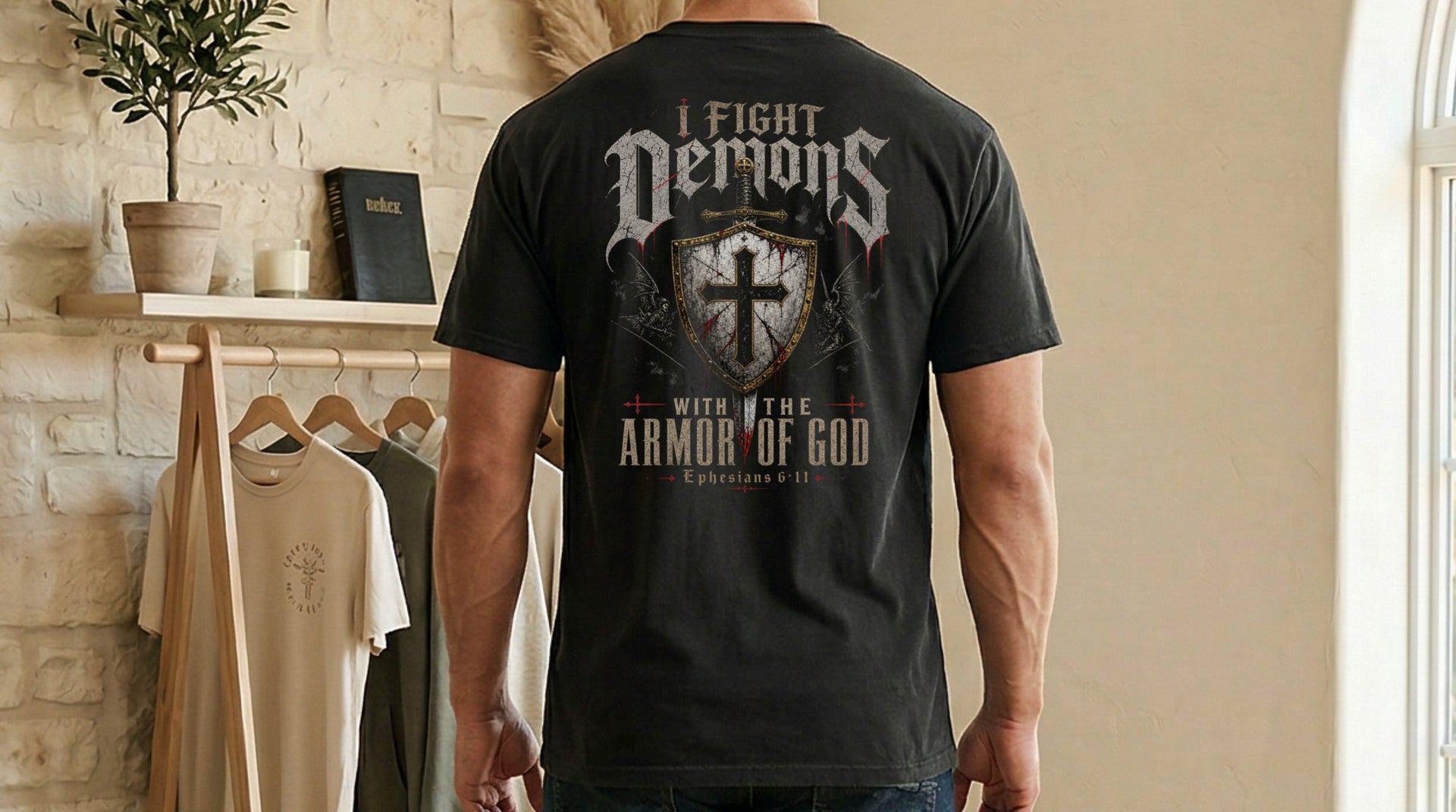 I Fight Demons Armor Of God Ephesians 6-11 Comfort Colors T Shirt displayed on model in a stylish setting.