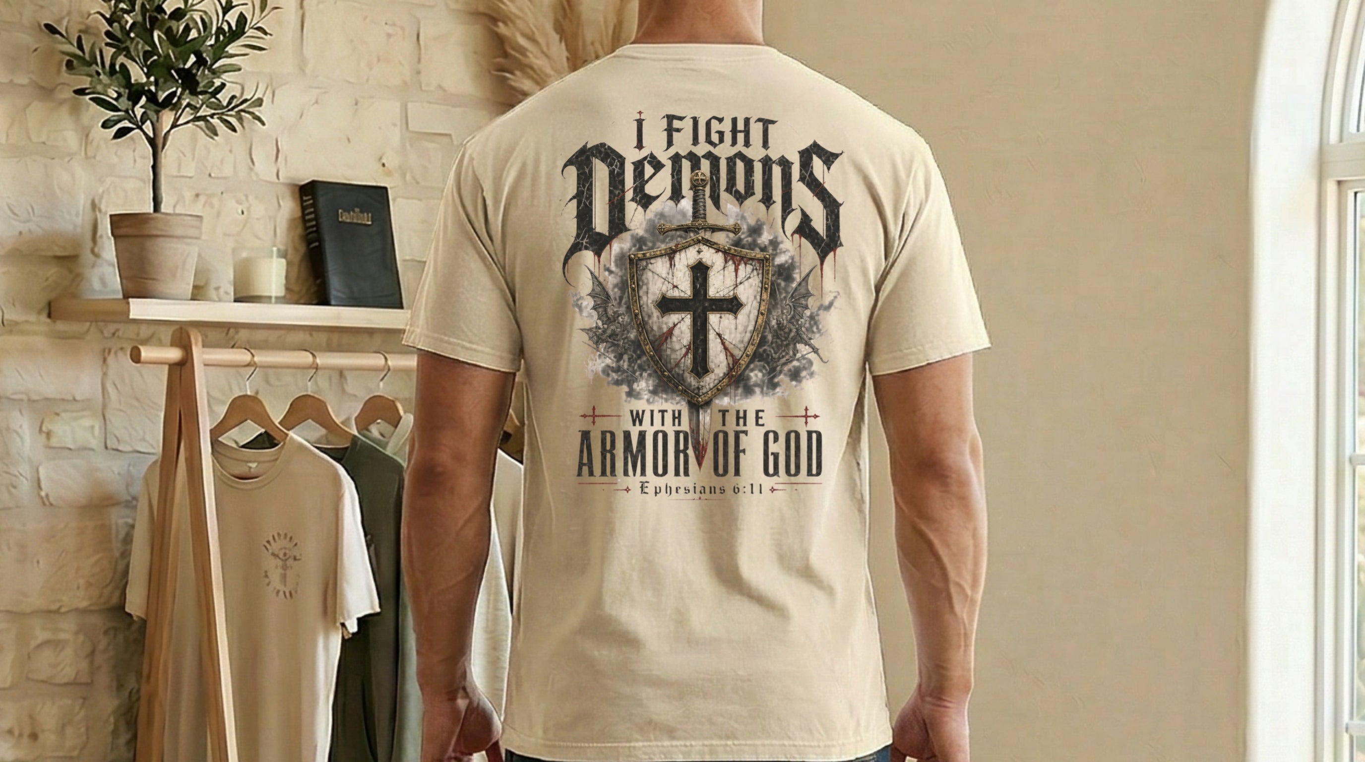 I Fight Demons Armor Of God Ephesians 6-11 Comfort Colors T Shirt displayed on a model in a stylish setting.