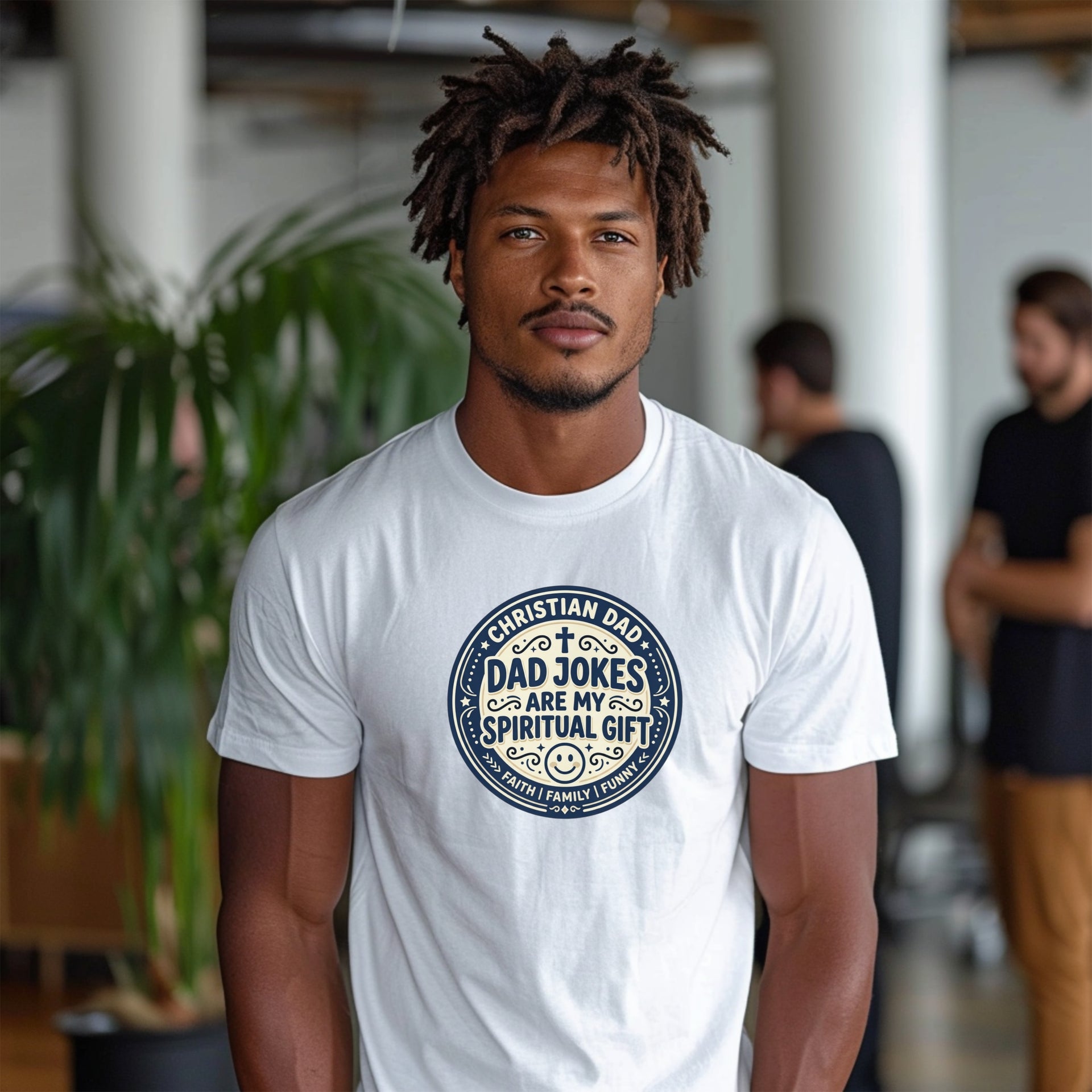 Christian Dad Jokes T Shirt featuring a humorous design worn by a man with a stylish hairstyle.