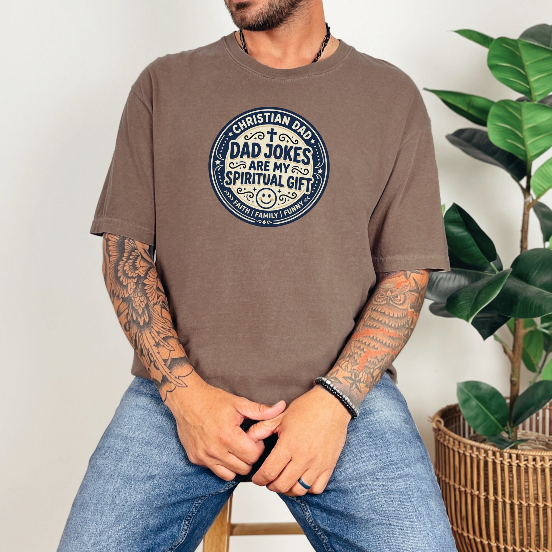 Christian Dad Jokes T Shirt featuring a playful design on a brown tee, perfect for sharing humor and faith.