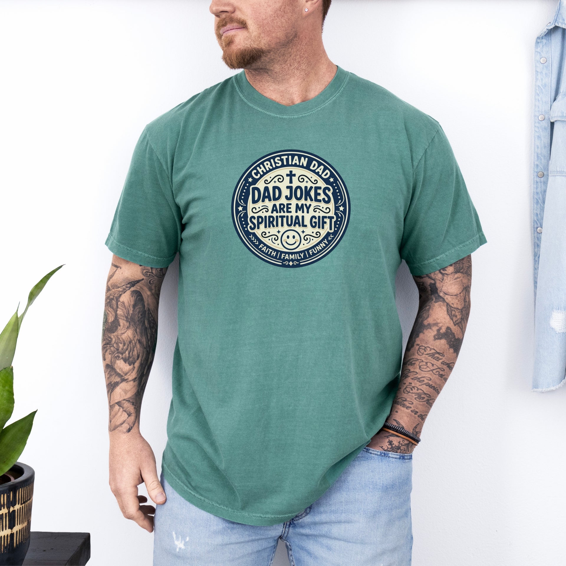 Christian Dad Jokes T Shirt worn by a man, showcasing humor and faith in a stylish light green tee.