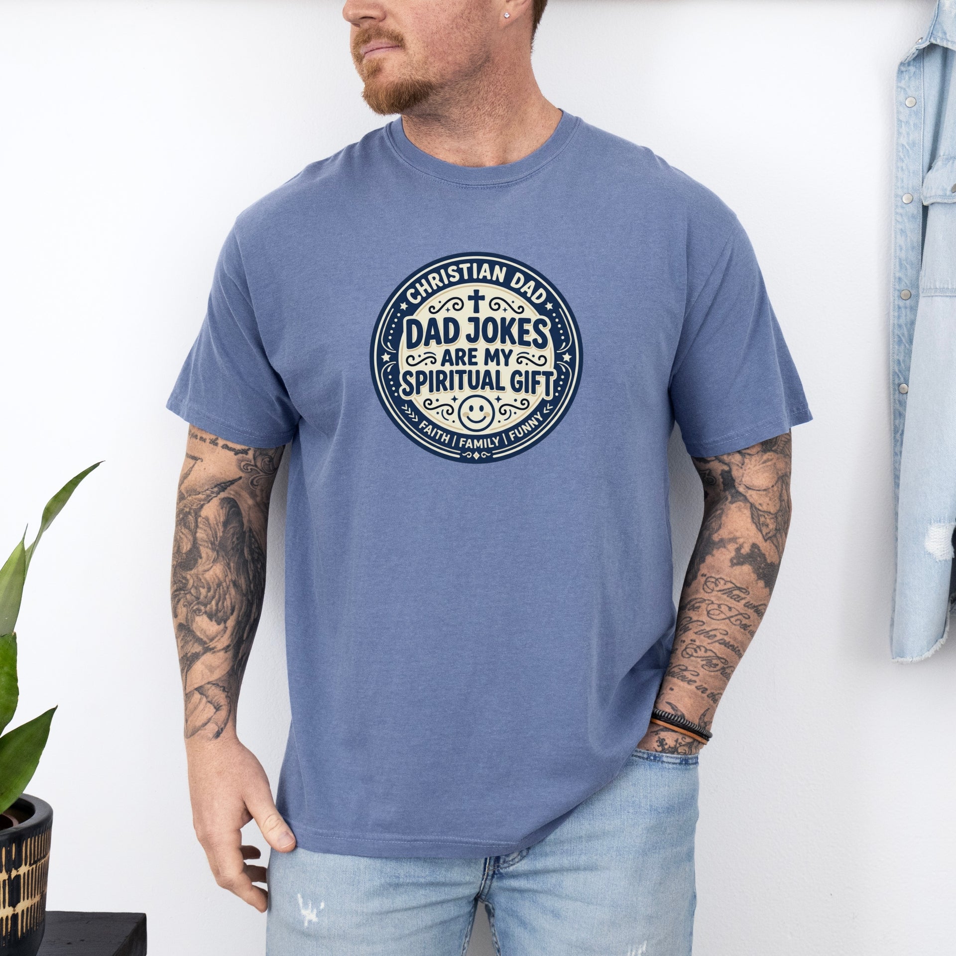 Man wearing a Christian Dad Jokes T Shirt with a humorous print, showcasing faith and fun.