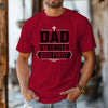 Dad Strength God First T-Shirt worn by male model in red color, showcasing a bold graphic design for Christian dads.