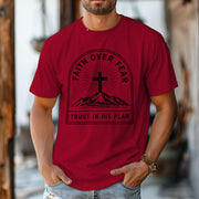 Faith Over Fear Trust In His Plan Comfort Colors T Shirt in red featuring a cross and mountain design.