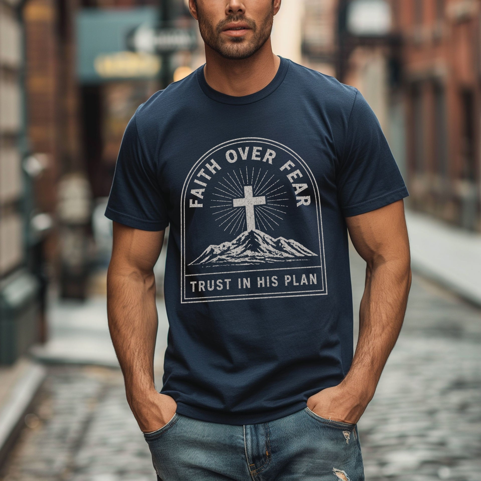 Faith Over Fear Trust In His Plan Comfort Colors T Shirt worn by a man, featuring a cross and mountain design.
