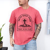 Faith Over Fear Trust In His Plan Comfort Colors T Shirt worn by a man, featuring a cross and mountains design.