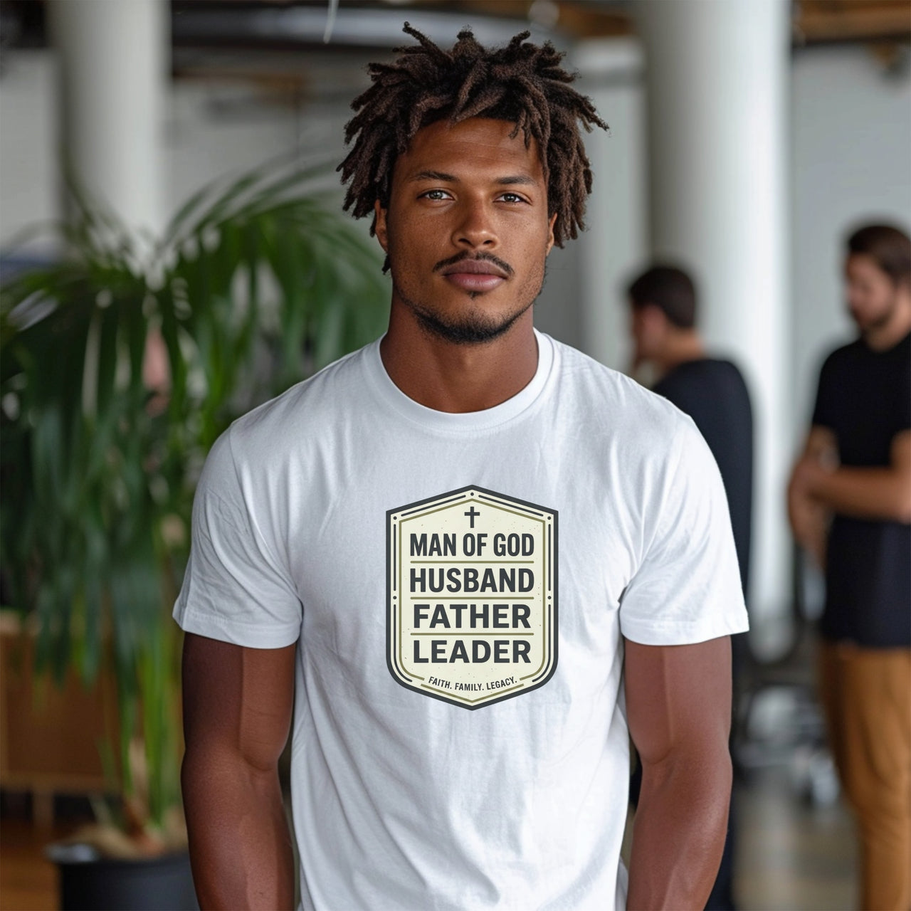 Man Of God Husband Father Leader T Shirt worn by a man in a casual setting, showcasing faith and leadership.