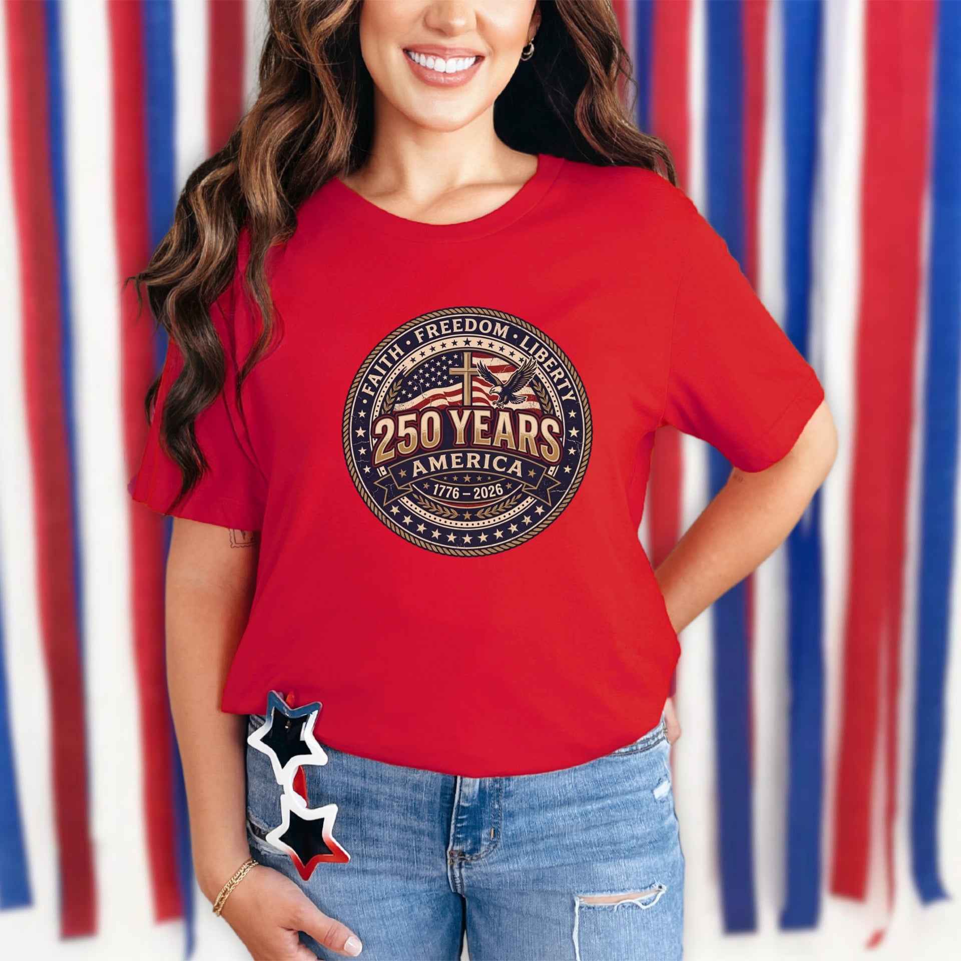 250 Years America Badge T-Shirt featuring a vintage badge design on a red tee, celebrating 250 years of America.