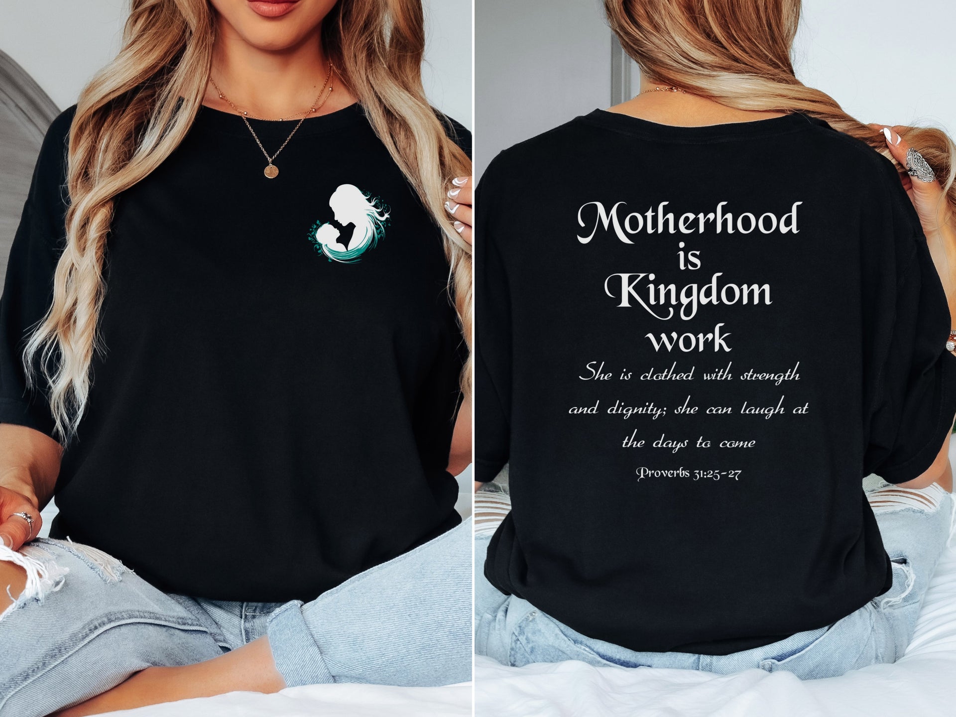 Motherhood Is Kingdom Work T Shirt featuring a mom silhouette and meaningful Proverbs quote on a stylish black tee.