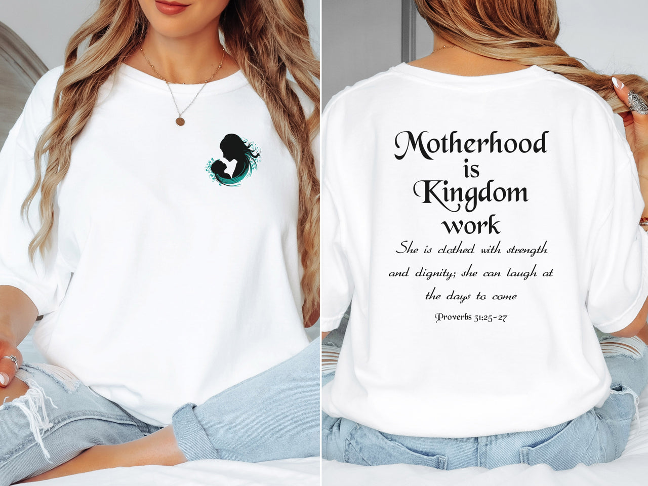 Motherhood Is Kingdom Work T Shirt showcasing a mom silhouette and inspiring Proverbs quote on soft white fabric.
