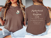 Motherhood Is Kingdom Work T Shirt featuring a mom and child silhouette and an inspiring proverb on a brown tee.