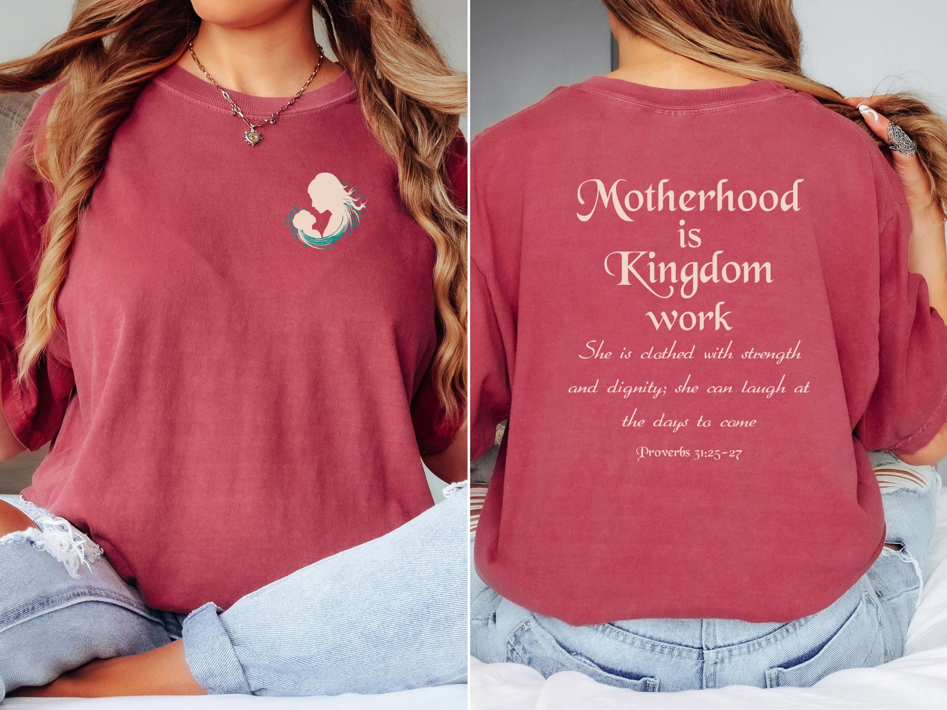 Motherhood Is Kingdom Work T Shirt featuring a mom and child silhouette on a comfortable tee.