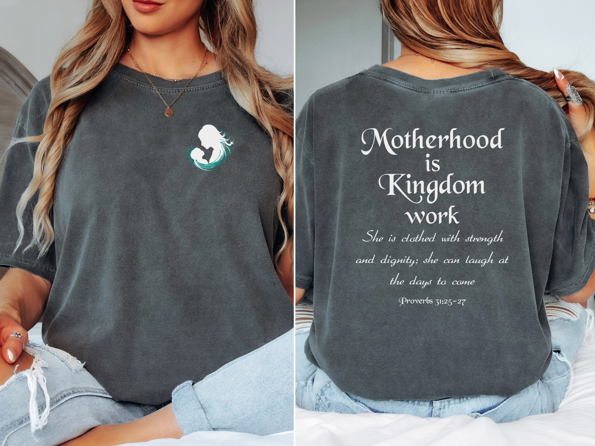 Motherhood Is Kingdom Work T Shirt displayed by a model showing front and back design with messaging.