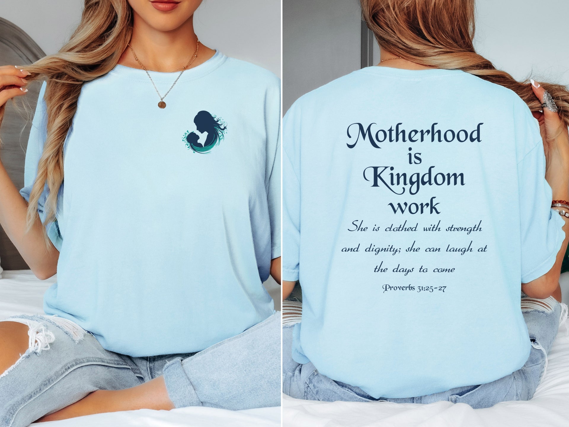Motherhood Is Kingdom Work T Shirt featuring a silhouette of a mother and child, soft fabric for comfort.