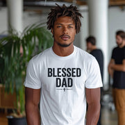 Man wearing a Blessed Dad Cross T Shirt showcasing a bold design, exemplifying faith and fatherhood.