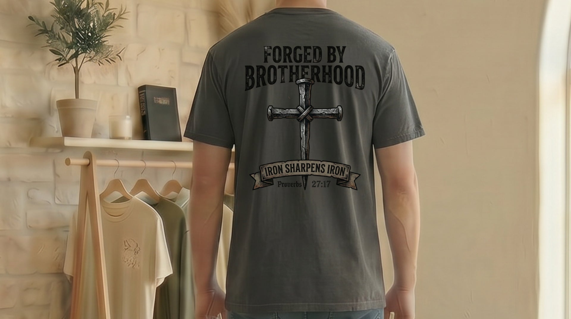 Forged By Brotherhood Cross T Shirt showcasing Christian brotherhood apparel with bold cross design on the back.