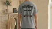 Forged By Brotherhood Cross T Shirt showcasing a bold design, ideal for Christian brotherhood apparel enthusiasts.