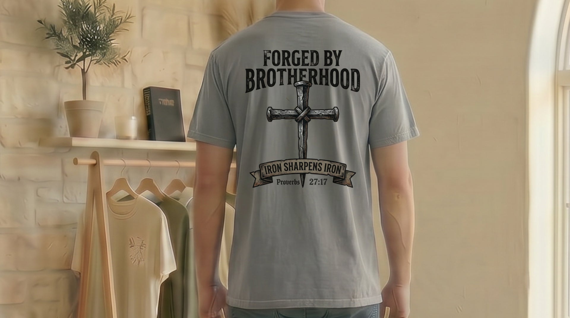 Forged By Brotherhood Cross T Shirt showcasing a bold design, ideal for Christian brotherhood apparel enthusiasts.