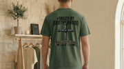 Forged By Brotherhood Cross T Shirt showcasing Iron Sharpens Iron design, representing Christian brotherhood apparel.