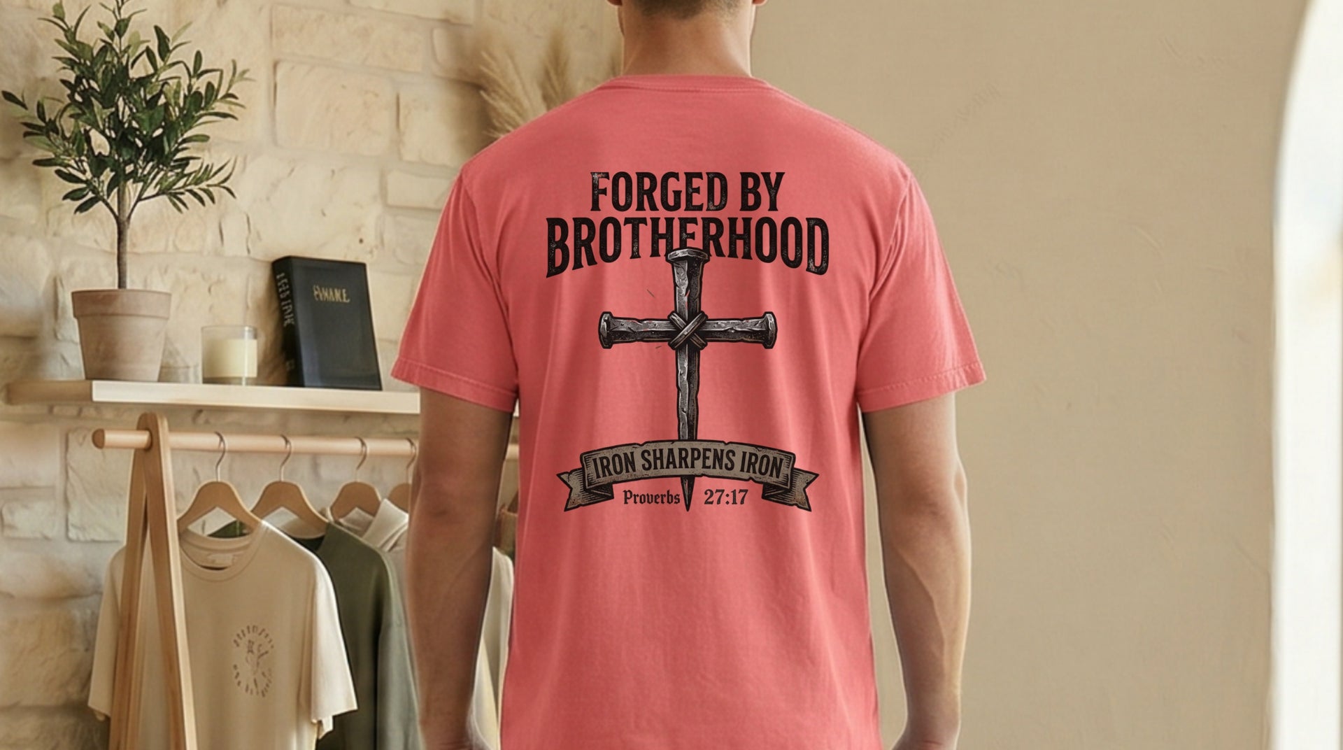 Forged By Brotherhood Cross T Shirt showcasing Christian brotherhood apparel with bold cross graphic.